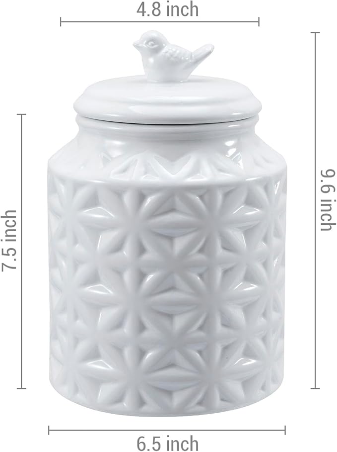 MyGift 6 Inch Round White Ceramic Cookie Jar with Airtight Lid and Bird Shape Top Handle, Vintage Style Kitchen Canister with Embossed Geometric Star Pattern