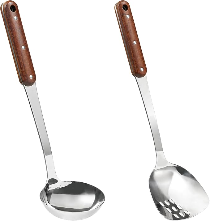 FJNATINH Stainless Steel Wok Spatula and Ladle Tool, Mirror Polished Cooking Utensils Set Metal Wok Accessories with Wooden Handle,Easy to Clean Kitchen Utensils,Sliver