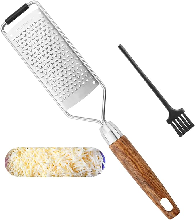 Professional Cheese Grater Stainless Steel,Multi-Purpose Grater With Wood Handle for Cheese, Ginger, Lemon, Garlic, Nutmeg,Fruits,Chocolate & Spices-Wideboard (fine)