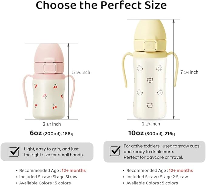 GROSMIMI Insulated 316 Stainless Steel Spill Proof Straw Cup, Water bottle with Flip Top for Toddlers, BPA Free (bear, 10oz)