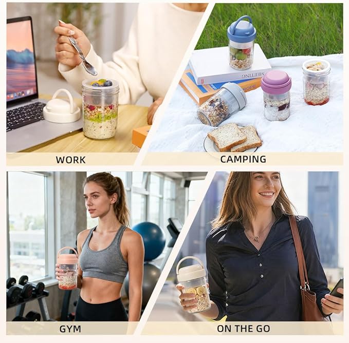 4 Pack Overnight Oats Containers with Lids and Handles, Folding Spoons & Divided Compartments for Fruit & Nuts, 16oz Glass Mason Jars for Oatmeal, Meal Prep & Breakfast (Cream/Blue/Gray/Pink)