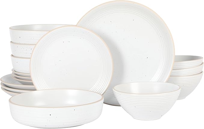 Gibson Home Dinah 16-Piece Matte White Stoneware Dinnerware Set – Double Bowl, Embossed Speckled Design, Durable Kitchen Dinnerware