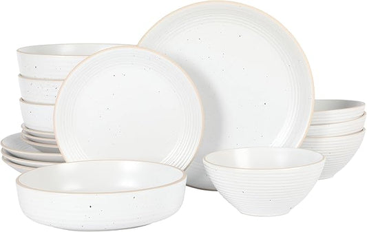 Gibson Home Dinah 16-Piece Matte White Stoneware Dinnerware Set – Double Bowl, Embossed Speckled Design, Durable Kitchen Dinnerware
