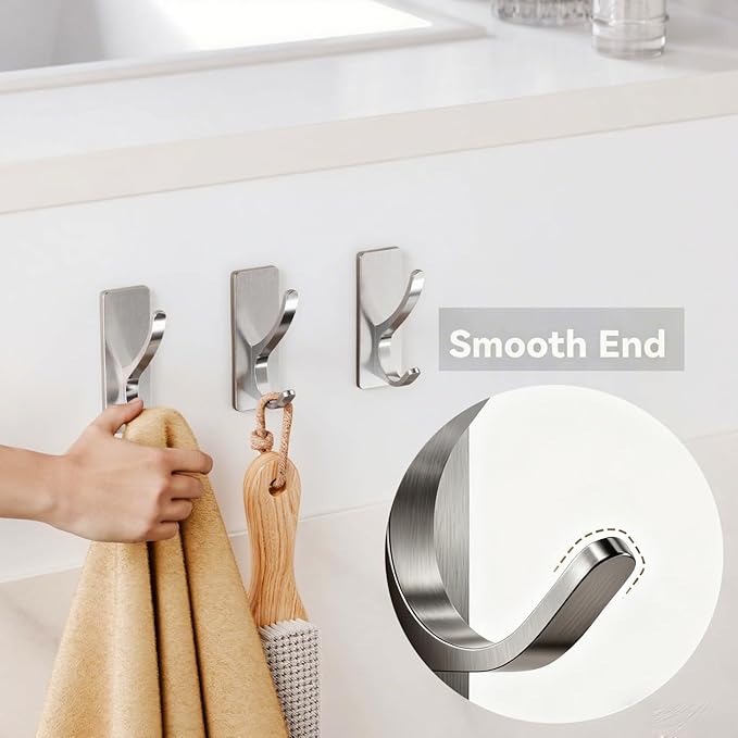 pickpiff Brushed Nickel Self Adhesive Coat Hooks for Hanging: 13LB Extra Strong Stainless Wall Hook for Towel, Utensil, Backpack, Hat, Sturdy Metal Hanger for Bathroom, Kitchen, Door, 10 Pack