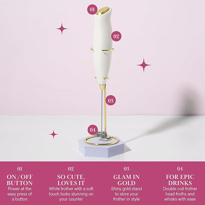 Paris Hilton Electric Handheld Milk Frother with Double Coil Head Whisk and Gold Metal Stand, Battery Powered (2 AA Batteries Required but Not Included), White