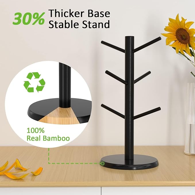 Wisuce Black Coffee Mug Tree, Updated Thick Bamboo Mug Holder Base,Coffee Cup Stand Mug Holders with 6 Hooks for Countertop Cup Rack Organizer Stand (Black)