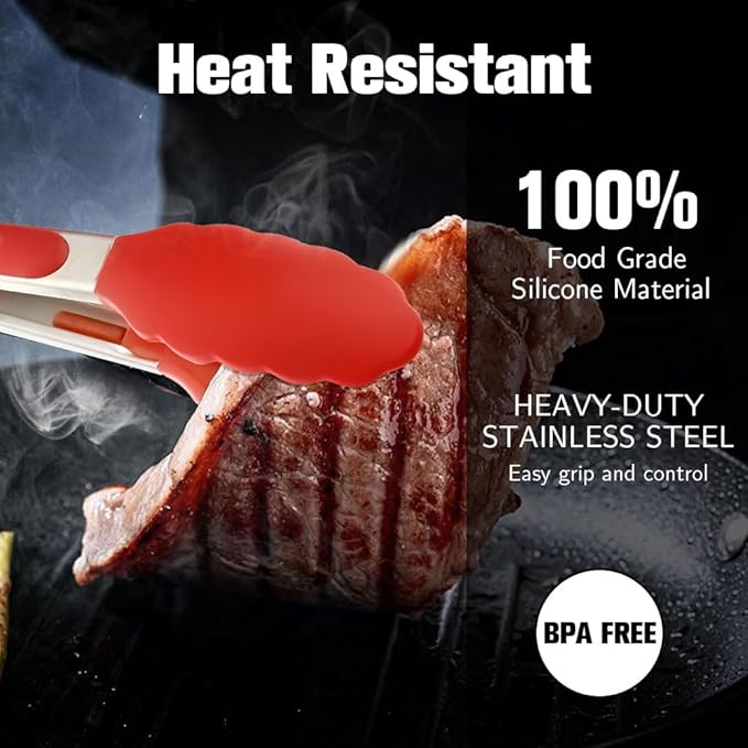 Kitchen Tongs 2 Pcs Tongs for Cooking 9 Inch 12 Inch Red Silicone Tongs Stainless Steel Locking Food Tong with Non-Slip Silicone Tips Heat Resistant Serving Tong for BBQ Grilling Salad Kitchen Utensil