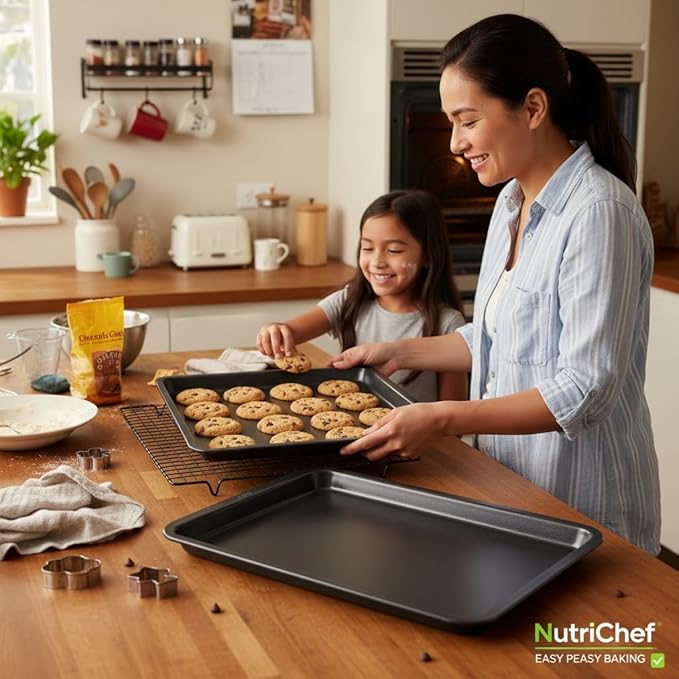 NutriChef 2-Piece Non-Stick Black Cookie Sheets - Versatile & Durable Non-Toxic Carbon Steel Bakeware Sets, Stackable Baking Tray for Cookies, Brownies, Jelly rolls - Oven Safe & Easy Clean