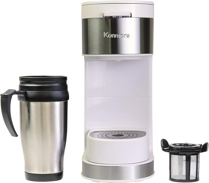 Kenmore Single Serve Coffee Maker – Compatible with Keurig K‑Cup Pods & Ground Coffee, One Cup Brewer, 6–12 Oz Brew Sizes, Travel Mug Friendly, Auto Shut‑Off, Hot & Iced Maquina de cafe, White
