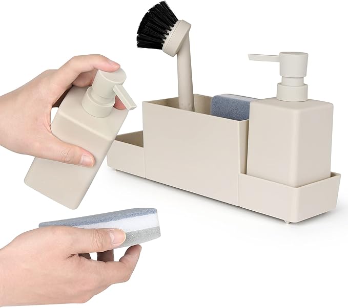 Kitchen Soap Dispenser with Sponge Holder Set for Sink Caddy, Hand Soap and Dish Soap Dispenser with Brush Matte Beige