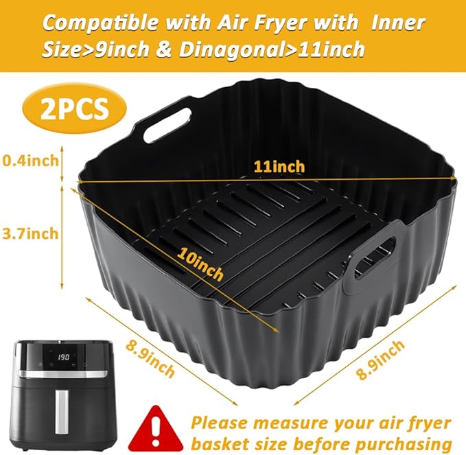 BYKITCHEN Large Air Fryer Silicone Liners Compatible with CHEFMAN 8QT/ 10 QT/ 12 QT & Other 8-12 Quart XL Airfryer, 2PCS 10 Inch Reusable Silicone Airfryer Oven Tray Insert, Air Fryer Accessories