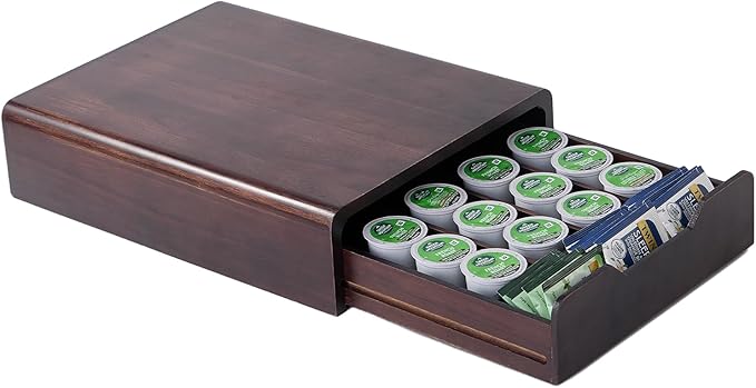 Solid Acacia Wood Coffee Pod Organizer with Walnut Finish, 35-Capacity Coffee Drawer with Removable Dividers, Child-Safe Rounded Edges for Countertop