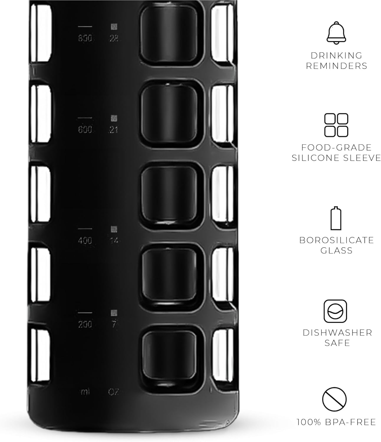purifyou 40oz / 32oz / 22oz / 12oz Borosilicate Glass Water Bottle with Time & Volume Markers, Silicone Sleeve, Stainless Steel Lid – Reusable Glass Bottle for Water & Juice (40oz Jet Black)