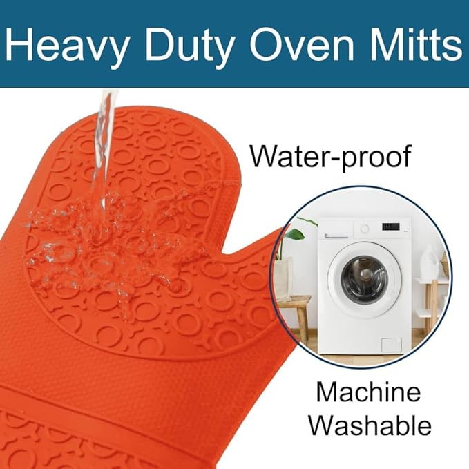 Extra Long High Temp Oven Mitts - 2pcs Commercial, Heavy Duty Non-Slip Grip Mitts - Silicone Heat Resistant Up to 500 Degrees, Ideal for Cooking, Baking & Frying, Orange
