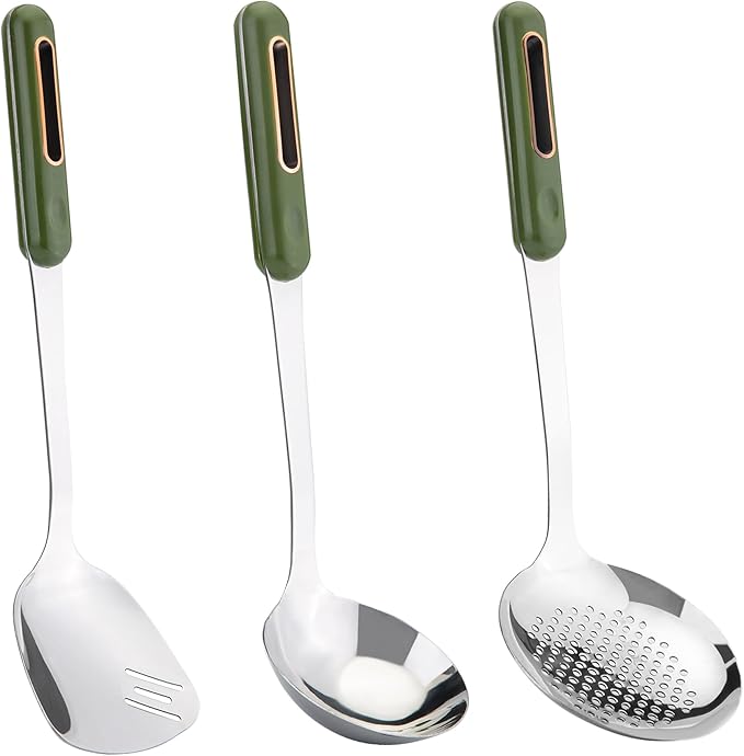 FJNATINH Wok Spatula and Ladle Skimmer Spoon - Stainless Steel Cooking Utensils Set of 3,Kitchen Wok Utensils Set,Green Handle