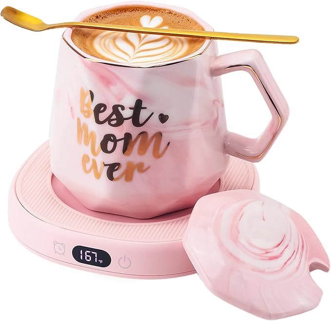 Coffee Mug Warmer & Best MOM Ever Mug Set, Smart Heated Electric Cup Warmer for Desk Office, 4 Temperature Control Beverage Tea Coffee Warmer, 8h Auto Shut Off Candle Plate, Women Mom Gifts from Son