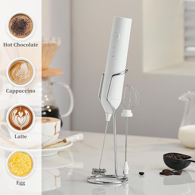 Rechargeable Milk Frother Set by ELMWAY, Electric Drink Blender with Wand and Egg Whisk, Foam Maker Mixer, Milk Frother Handled for Coffee, Latte, Matcha, Protein Powder (White with Stand)