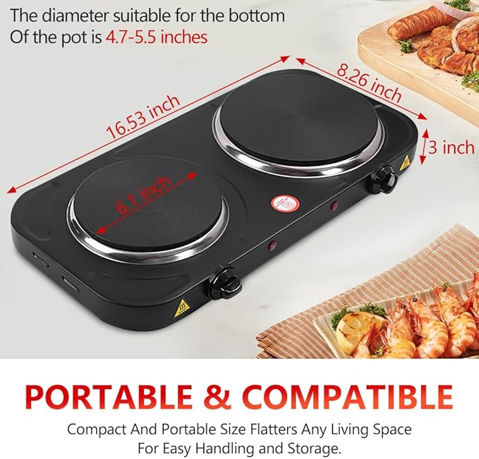 Electric Countertop Burner, Double Burner, 2000W Induction Cooktop, Portable Electric Hot Plate, 5 Level Adjustable Temperature Control Cooking Ranges for Home Dorm Camping Cooking（Black Disk）