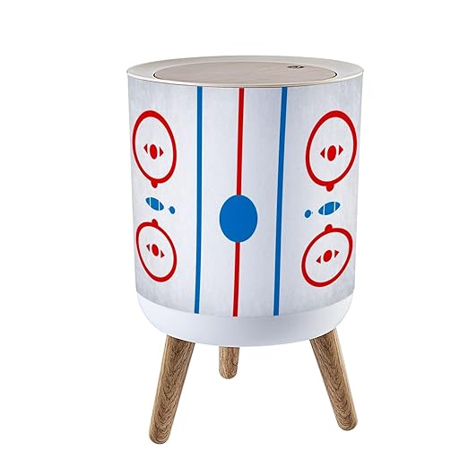 Trash Can with Lid Hockey Rink Hockey Rink Box Press Top Round Small Garbage Bin with Wooden Legs Waste Basket for Kitchen Bedroom Nursery 7L/1.8 Gallon