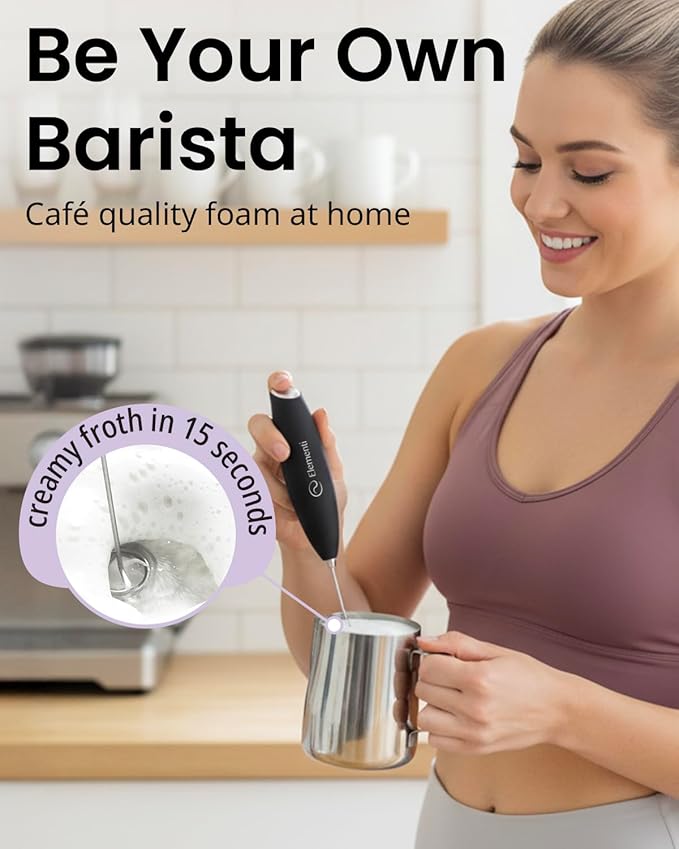 Elementi Milk Frother Handheld - Electric Coffee Mixer for Lattes, Cappuccinos and Cold Foam - Compact Drink Frother Wand for Barista-Style Beverages (Yellow)