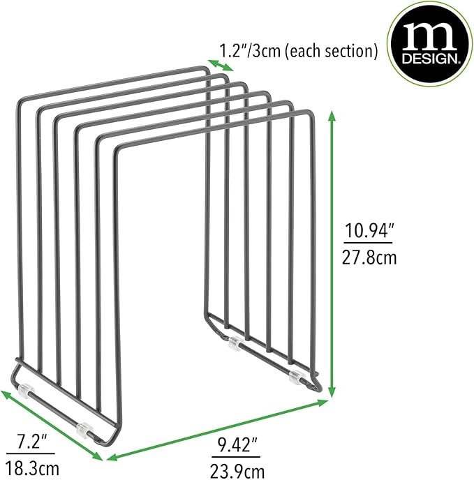 mDesign X-Large Steel Storage Tray Organizer Rack for Kitchen Cabinet, Divided Holder - 5 Slots for Skillets, Frying Pan, Pot Lids, Cutting Board, Baking Sheets, Concerto Collection, 2 Pack, Dark Gray