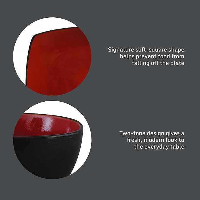 Gibson Elite Soho Lounge Square 16-Piece Dinnerware Set, Service for 4, Reactive Glaze Stoneware Plates and Bowls, Modern Dishes, Microwave & Dishwasher Safe – Red and Black