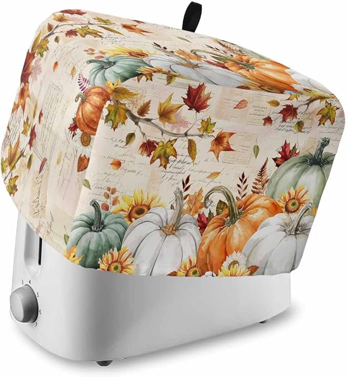 Green White Pumpkins Fall Toaster Cover 4 Slice, Thanksgiving Maple Leaf Dustproof Bakeware Oven Protector with Top Hook, Autumn Waterproof Small Kitchen Appliance Toasters Dust Cover, 12"x11"x8"