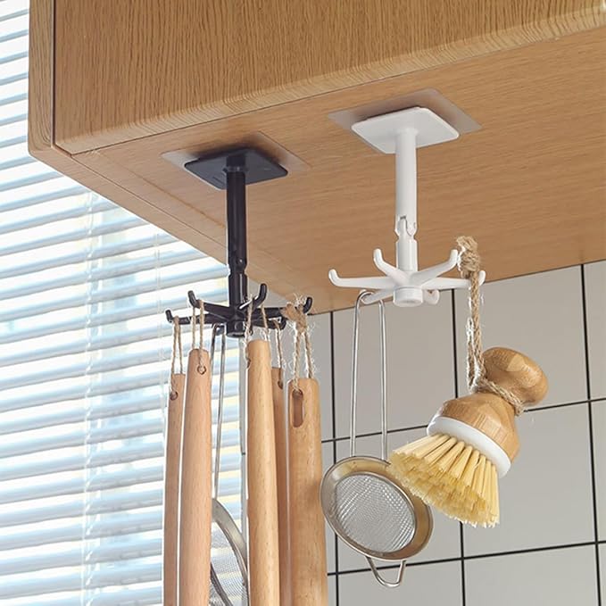 ARTIBETTER 4pcs Rotatable Kitchen Wall Hooks 360° Swivel Under Cabinet Hooks for Utensil Hanging, Black and White, Space-Saving Kitchen Storage Organizer