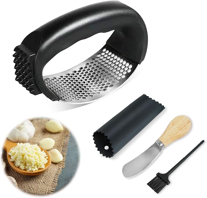 Garlic Press Rocker, Heavy Duty Stainless Steel Press With Peeler Tube, Mincer Tool Crusher Chopper for Smashing, Professional Kitchen Gadget Slicer Twister