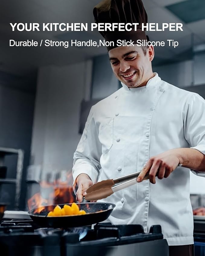 600ºF Heat Resistant Kitchen Tongs, Premium Locking Cooking Tongs with Silicone Tips, Non-Slip Food Tongs for Cooking, Non-Stick, Heavy Duty Stainless Steel Handle, Set of 3-7" 9" and 12" Mud color