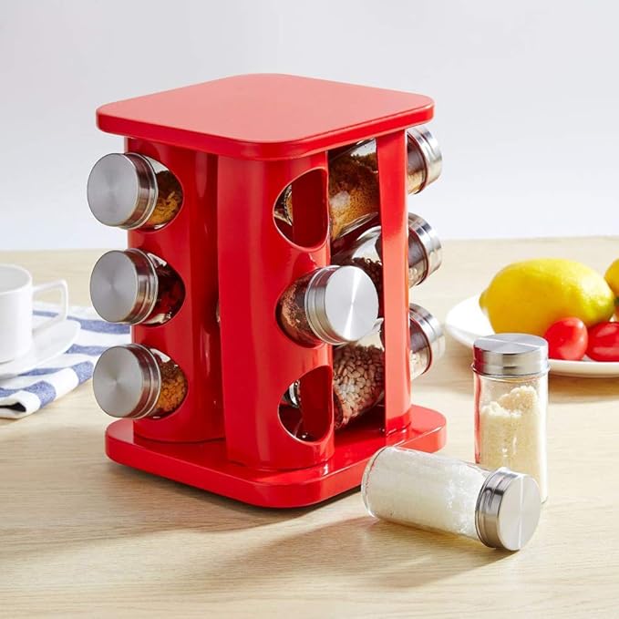 Revolving Spice Rack Organizer with 12 Jars, Countertop Spice Seasoning Rack Tower with 12 Glass Jar Bottles Refillable for Kitchen Cabinet, Stainless Steel, Red