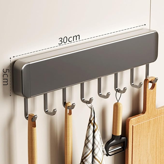 Generic Kitchen Utensil Hanger Wall Mounted Hooks, No Drilling Removable and Adjustable Hooks Kitchen Rail with 8 Hooks for Hanging Cooking Utensils, Mugs, Spoons (6 Hooks), Black