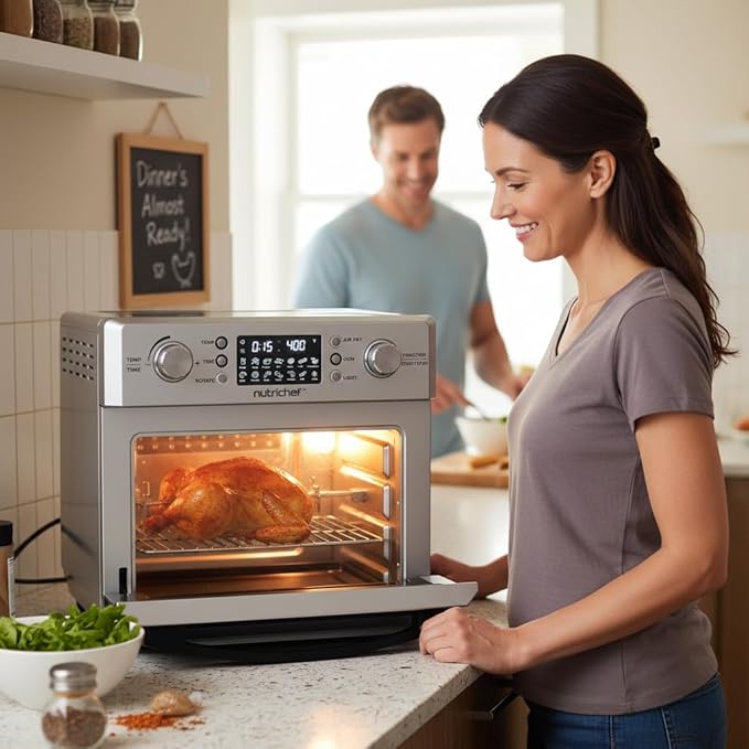 NutriChef 26L Electric Air Fryer Oven | 1700W Countertop Rotisserie & Air Fryer | 360° Rotating Feature | 10 Menu Presets | Includes Drip Tray, Air Frying Basket & Bake Rack 15x16x14 | Stainless Steel