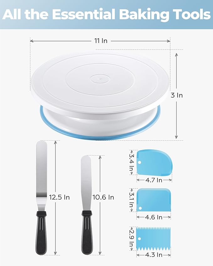 Kootek Cake Decorating Kit Baking Supplies Set Cake Turntable with 2 Frosting Straight Angled Spatula 3 Icing Smoother Scrapers Baking Accessories Tools for Beginners and Pros, Mother's Day, Blue