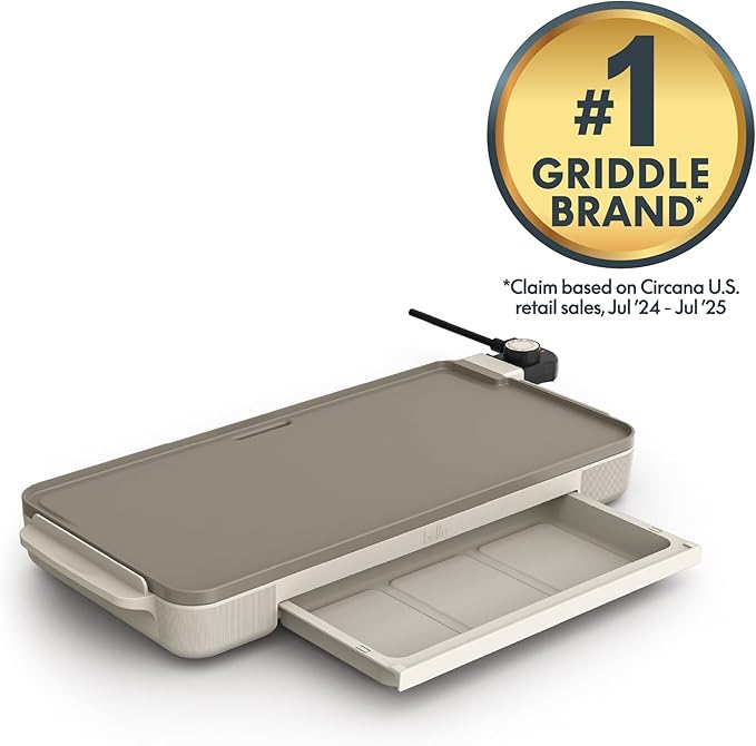 bella 10" x 20" Electric Griddle with Warming Tray, EverGood™ Ceramic Nonstick Coating & Removable Temperature Probe, Dishwasher-Safe Drip Tray & Cool Touch Handles, 1500 Watt, Oatmilk