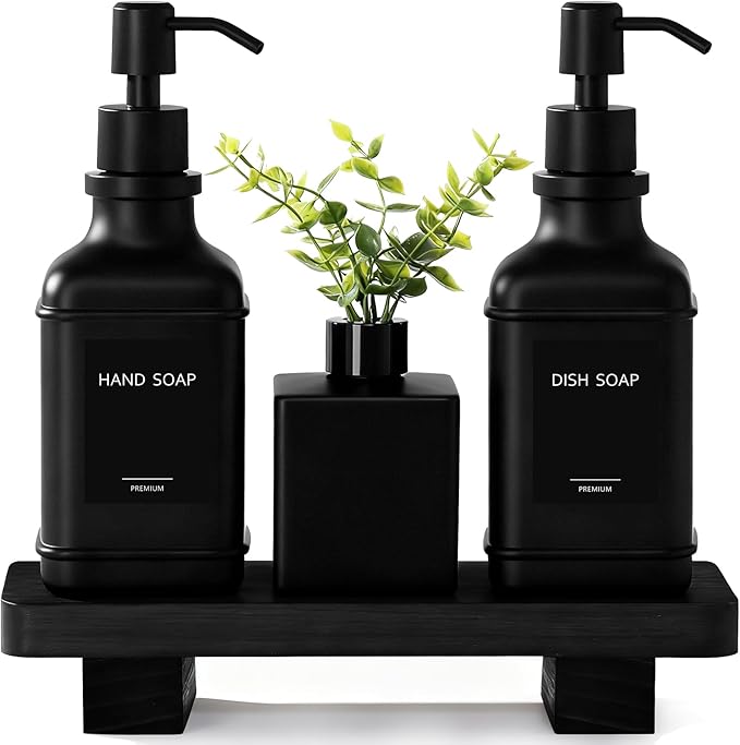 Modern Kitchen Soap Dispenser Set with Wood Tray, Black Glass Soap Dispenser with Pump, Decorative Hand and Dish Soap Dispenser Set, Soap and Lotion Dispenser Upgrade for Kitchen and Bathroom Decor