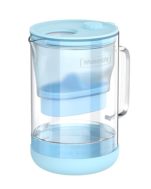 Waterdrop PT-09B-A 10-Cup Large Glass Alkaline Water Filter Pitcher, Eco-Friendly, Enhances Alkaline Water, for Home & Office, Reduces PFOA/PFOS, Chlorine, Cadmium, Copper & Mercury, Blue