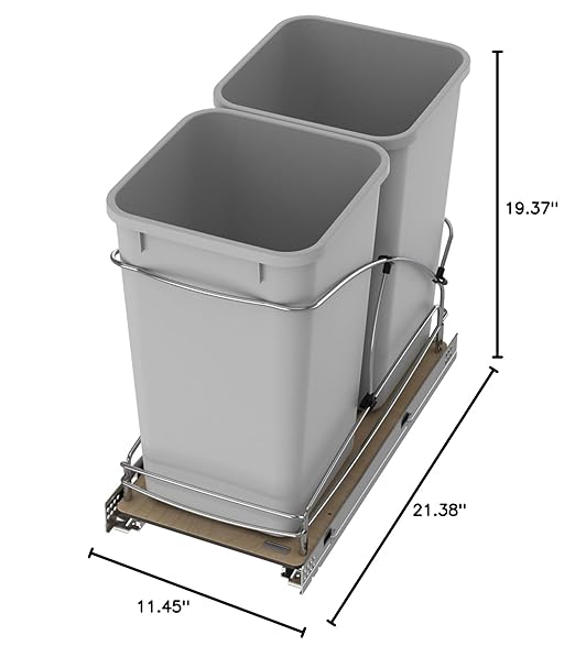 Rev-A-Shelf Steel Bottom Mount Double 27 Quart 6.75 Gallon Waste Bin Trash Container for Under Kitchen Cabinet with Soft Close, Gray, 54WC-1527SC-17-1