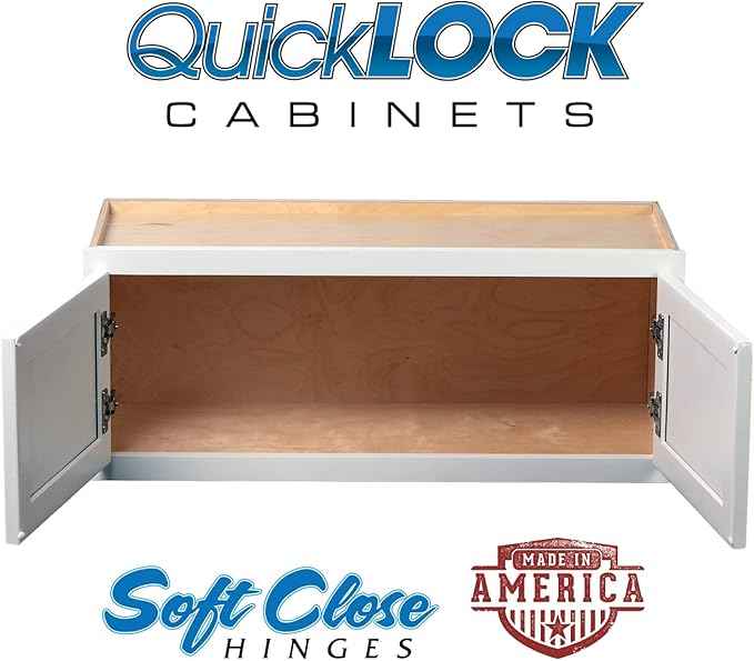 Quicklock RTA (Ready-to-Assemble) 42" Tall Wall Kitchen Cabinets - Shaker Style | 100% Hardwood | Made in America | Soft Close Hardware (Pure White, 12" D x 30" W x 24" H)