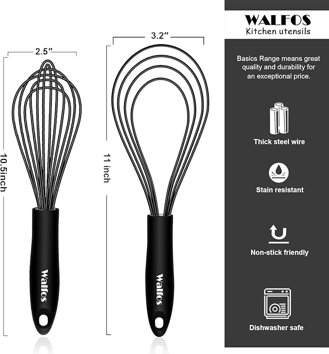 Walfos Whisk 11inch Flat Whisks and 10inch Balloon Whisk Combo,Silicone whisks for cooking,Non Scratch Coated Wisk,Suitable for Ceramic Coated pans and Wider shallower pots.(2pcs black)