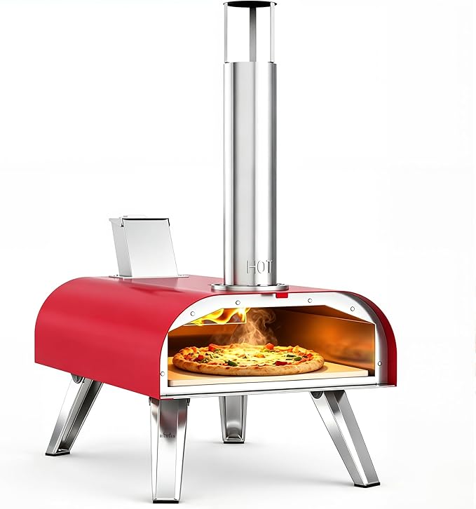 BIG HORN 12" Multi-Fuel Outdoor Pizza Oven – 3-in-1 Wood-Fired, Gas & Electric Compatible (Burners Sold Separately), Pellet Pizza Oven Portable Pizza Maker for Backyard, Camping & Tailgating, Red