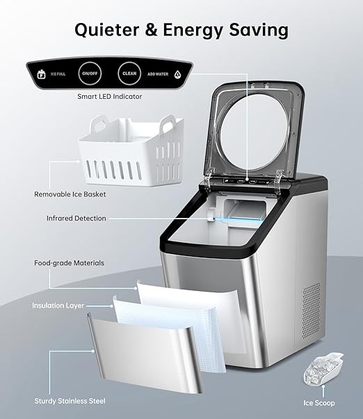 WIE Nugget Ice Maker Countertop, 44 lbs in 24 Hours, Pellet Ice Maker Machine with Self-Cleaning, 0.75 Gallon Tank & Scoop Included, Crushed Pebble Ice Makers for Home/Office/Bar/Party, Silver