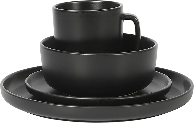 Gibson Home Zuma Stoneware Plates, Bowls, & Mugs Dinnerware Set - Matte Black, Service for Four (16pcs)