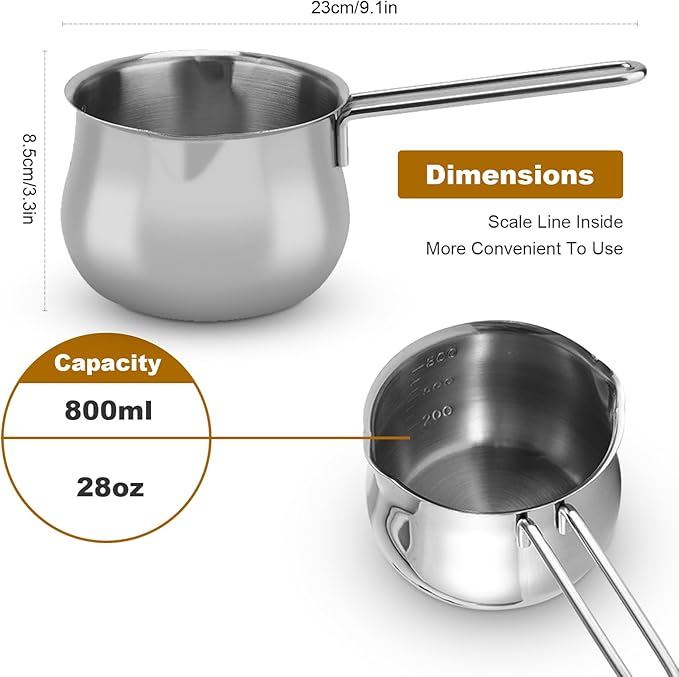 Butter Melting Pot, 28 OZ/800 ml Stainless Steel Small Pot, 304 Stainless Steel Butter Warmer Pan, Small Sauce Pan for Stove Top, Chocolate Melting, Coffee Tea Soup Warming