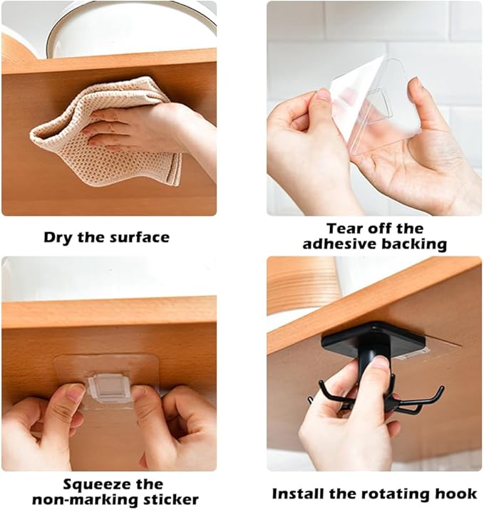 4 PCS Under Cabinet Kitchen Utensil Hooks 360° Rotation Adhesive Nail Free Hanging Rack for Kitchen Utensils, Tools, Towel, Knife (Black)