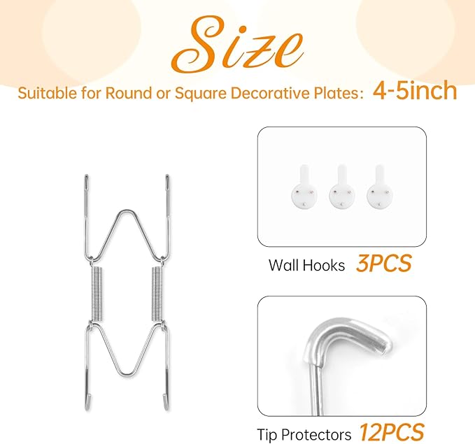 3 Pack Plate Hangers for The Wall, Suitable for 4-5 inch Art Plate, Stainless Steel Invisible Heavy Duty Wire Plate Holder with Wall Hooks, Plate Hangers for Displaying Plates, Platter, Dish, Silver