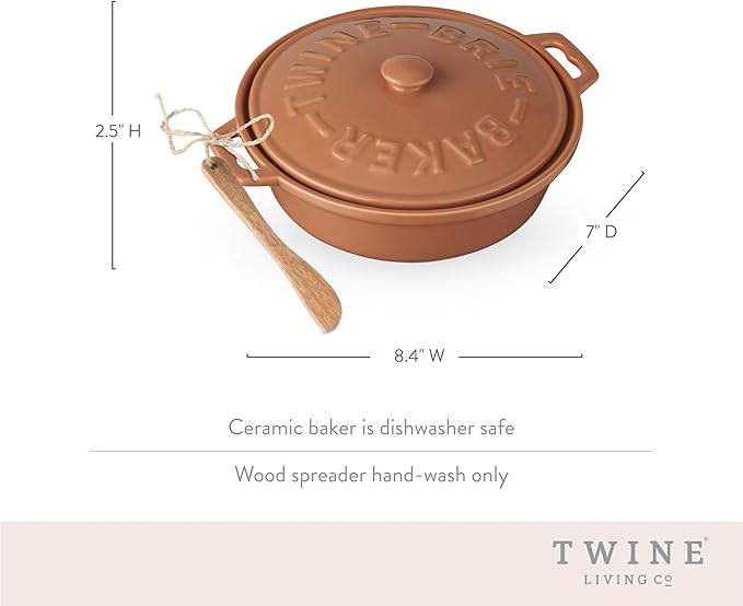 Twine Ceramic Brie Baker with Wood Spreader, Brie Baking Tools with Lid Bakeware Sets, Terra Cotta Ceramic, Kitchen Set of 1