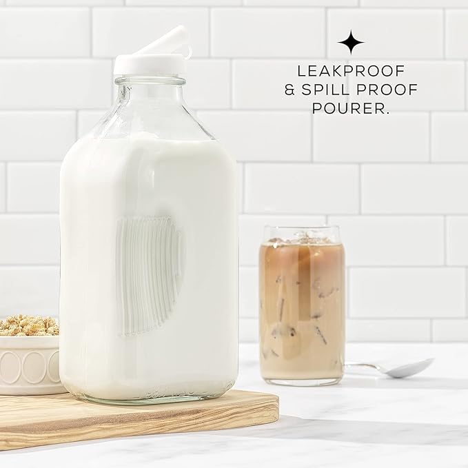 JoyJolt Glass Milk Bottles with Lids and Pourer – 64 Oz, 3 Pack Airtight Heavy Duty Reusable Glass Bottles, Leakproof, BPA-Free, Food Grade, Dishwasher Safe Jug, Pitcher for Milk, Juice, and Water