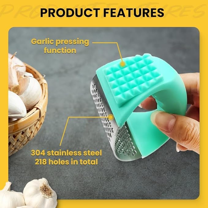 Garlic Press Rocker Stainless Steel, Garlic Crusher with Peeler & Cleaning Brush, Easy to Use Garlic Mincer for Kitchen Cooking, Ergonomic Garlic Chopper Tool, Durable Garlic Presser Gadget (Green)