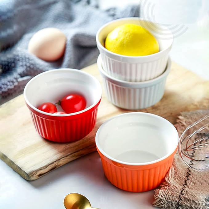 Ramekins 6oz Oven Safe,Creme Brulee Ramekin and Souffle Dishes,Porcelain Baking Bowls,Dipping Sauce Dish.Pudding Cups,Set of 6,Colorful.